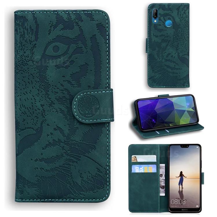 Intricate Embossing Tiger Face Leather Wallet Case for Huawei P20 Lite - Green
