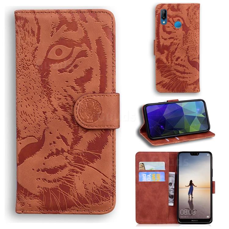 Intricate Embossing Tiger Face Leather Wallet Case for Huawei P20 Lite - Brown