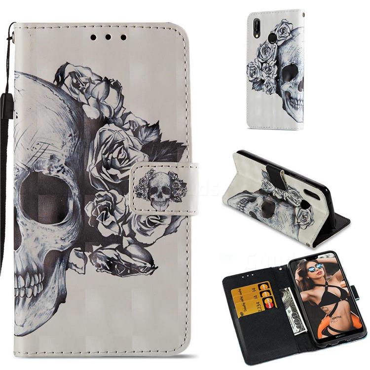 Skull Flower 3D Painted Leather Wallet Case for Huawei P20 Lite
