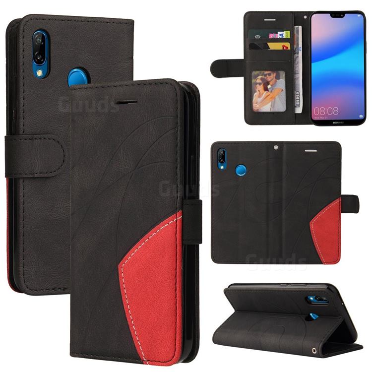 Luxury Two-color Stitching Leather Wallet Case Cover for Huawei P20 Lite - Black