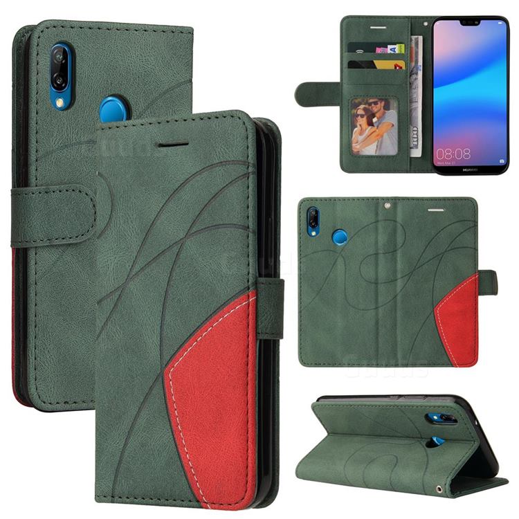 Luxury Two-color Stitching Leather Wallet Case Cover for Huawei P20 Lite - Green