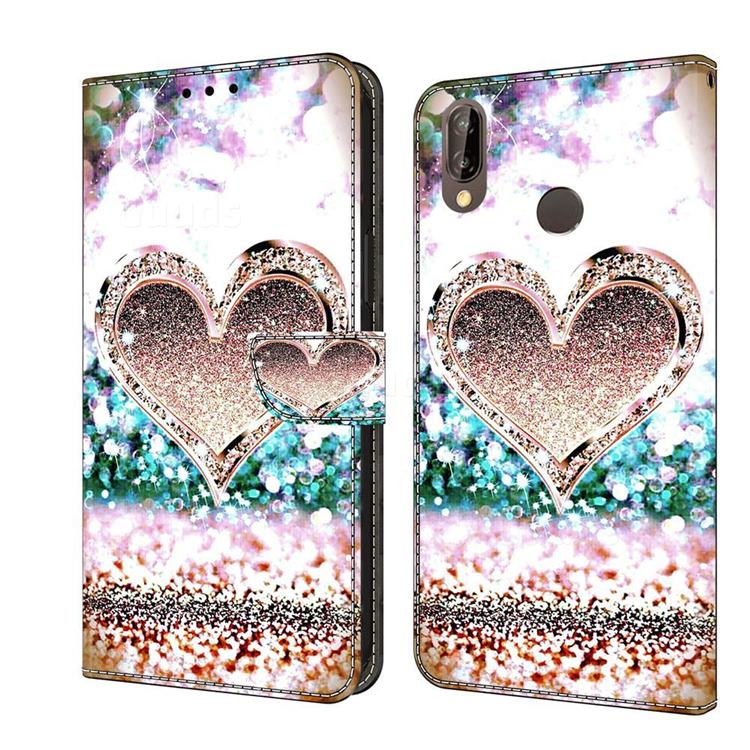 Pink Diamond Heart Crystal PU Leather Protective Wallet Case Cover for Huawei P20 Lite