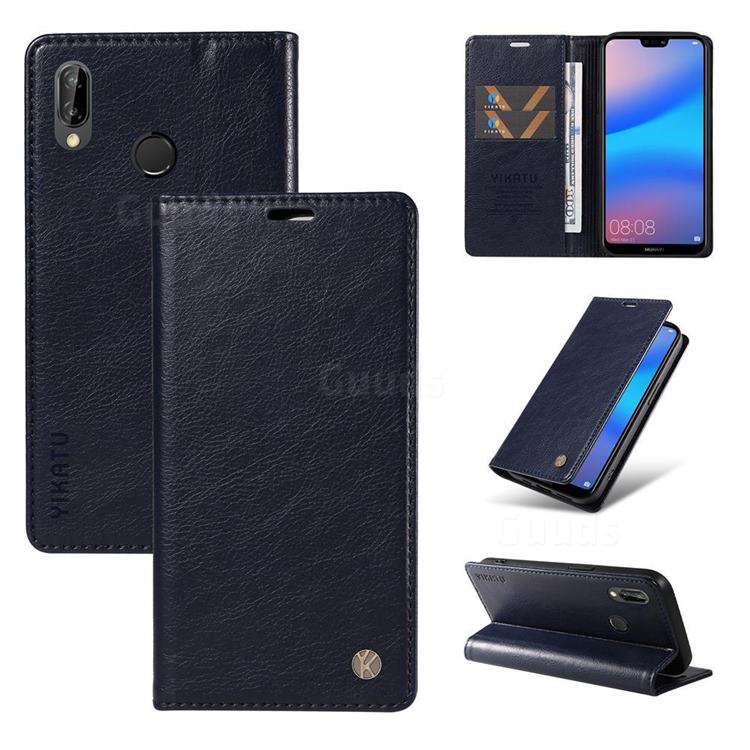YIKATU Litchi Card Magnetic Automatic Suction Leather Flip Cover for Huawei P20 Lite - Navy Blue