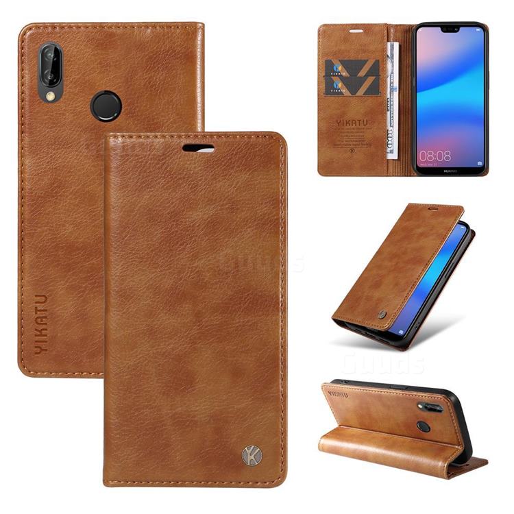 YIKATU Litchi Card Magnetic Automatic Suction Leather Flip Cover for Huawei P20 Lite - Brown