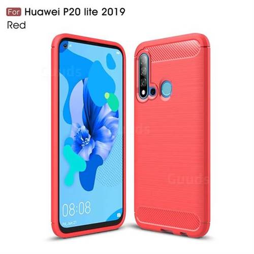 Luxury Carbon Fiber Brushed Wire Drawing Silicone TPU Back Cover for Huawei P20 Lite(2019) - Red