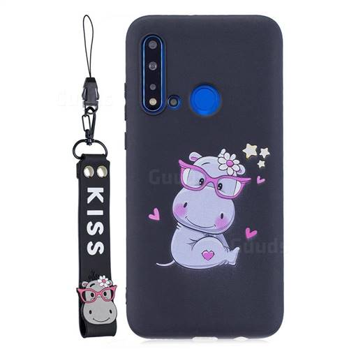 Black Flower Hippo Soft Kiss Candy Hand Strap Silicone Case for Huawei P20 Lite(2019)