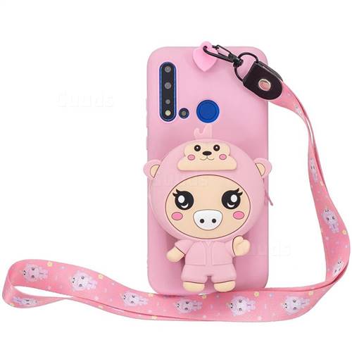 Pink Pig Neck Lanyard Zipper Wallet Silicone Case for Huawei P20 Lite(2019)