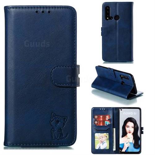 Embossing Happy Cat Leather Wallet Case for Huawei P20 Lite(2019) - Blue