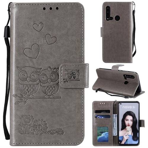 Embossing Owl Couple Flower Leather Wallet Case for Huawei P20 Lite(2019) - Gray