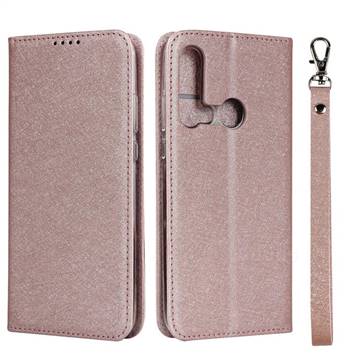 Ultra Slim Magnetic Automatic Suction Silk Lanyard Leather Flip Cover for Huawei P20 Lite(2019) - Rose Gold