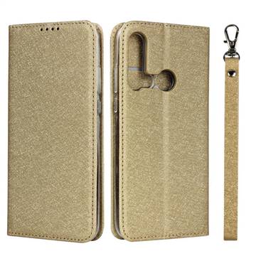 Ultra Slim Magnetic Automatic Suction Silk Lanyard Leather Flip Cover for Huawei P20 Lite(2019) - Golden