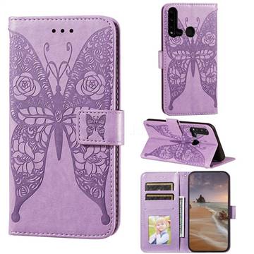 Intricate Embossing Rose Flower Butterfly Leather Wallet Case for Huawei P20 Lite(2019) - Purple