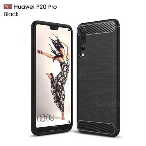 Luxury Carbon Fiber Brushed Wire Drawing Silicone TPU Back Cover for Huawei P20 Pro - Black