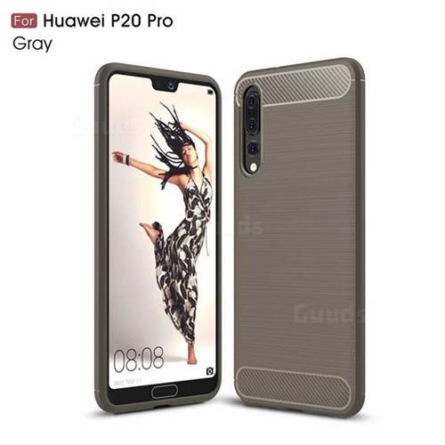 Luxury Carbon Fiber Brushed Wire Drawing Silicone TPU Back Cover for Huawei P20 Pro - Gray