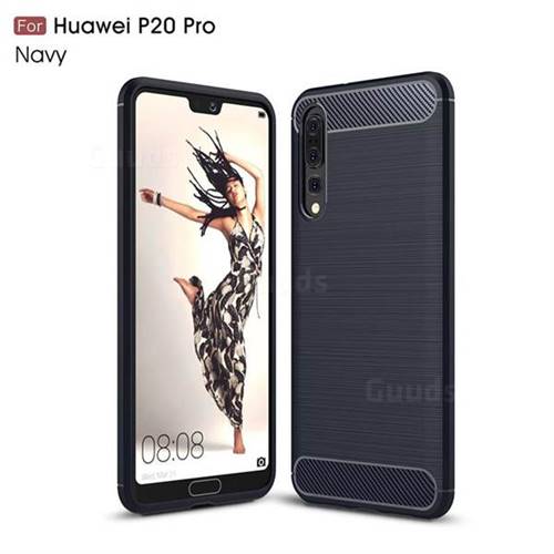 Luxury Carbon Fiber Brushed Wire Drawing Silicone TPU Back Cover for Huawei P20 Pro - Navy