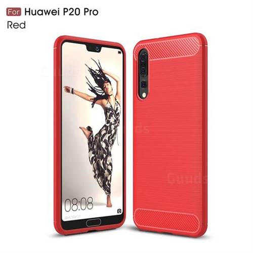 Luxury Carbon Fiber Brushed Wire Drawing Silicone TPU Back Cover for Huawei P20 Pro - Red
