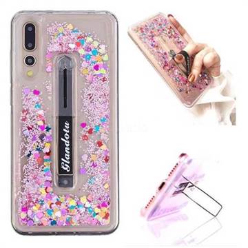 Concealed Ring Holder Stand Glitter Quicksand Dynamic Liquid Phone Case for Huawei P20 Pro - Rose