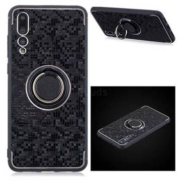 Luxury Mosaic Metal Silicone Invisible Ring Holder Soft Phone Case for Huawei P20 Pro - Black