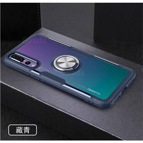 Acrylic Glass Carbon Invisible Ring Holder Phone Cover for Huawei P20 Pro - Navy
