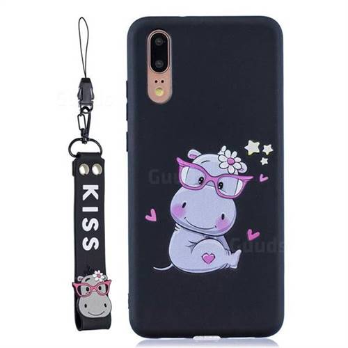 Black Flower Hippo Soft Kiss Candy Hand Strap Silicone Case for Huawei P20 Pro