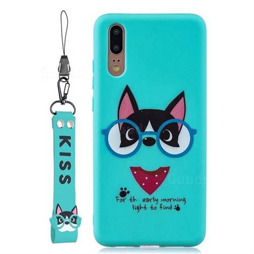 Green Glasses Dog Soft Kiss Candy Hand Strap Silicone Case for Huawei P20 Pro