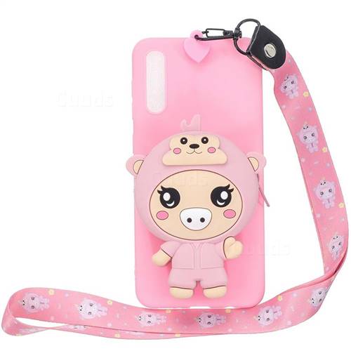 Pink Pig Neck Lanyard Zipper Wallet Silicone Case for Huawei P20 Pro