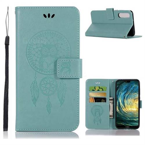 Intricate Embossing Owl Campanula Leather Wallet Case for Huawei P20 Pro - Green