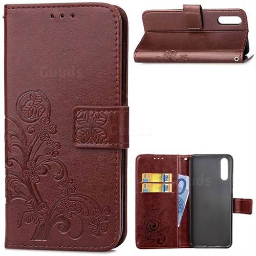 Embossing Imprint Four-Leaf Clover Leather Wallet Case for Huawei P20 Pro - Brown