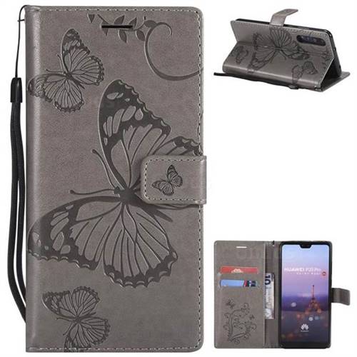 Embossing 3D Butterfly Leather Wallet Case for Huawei P20 Pro - Gray