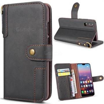 Retro Luxury Cowhide Leather Wallet Case for Huawei P20 Pro - Black