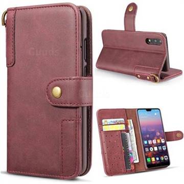 Retro Luxury Cowhide Leather Wallet Case for Huawei P20 Pro - Wine Red