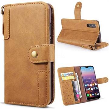 Retro Luxury Cowhide Leather Wallet Case for Huawei P20 Pro - Brown