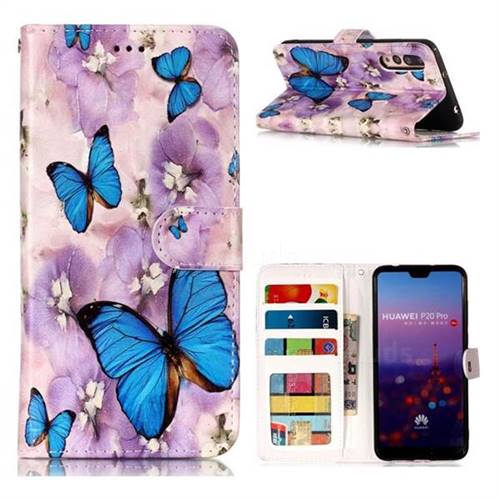 Purple Flowers Butterfly 3D Relief Oil PU Leather Wallet Case for Huawei P20 Pro