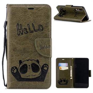 Embossing Hello Panda Leather Wallet Phone Case for Huawei P20 Pro - Olive Green