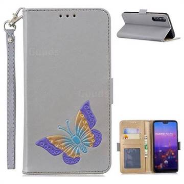 Imprint Embossing Butterfly Leather Wallet Case for Huawei P20 Pro - Grey