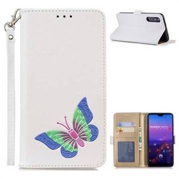 Imprint Embossing Butterfly Leather Wallet Case for Huawei P20 Pro - White