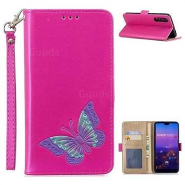 Imprint Embossing Butterfly Leather Wallet Case for Huawei P20 Pro - Rose Red