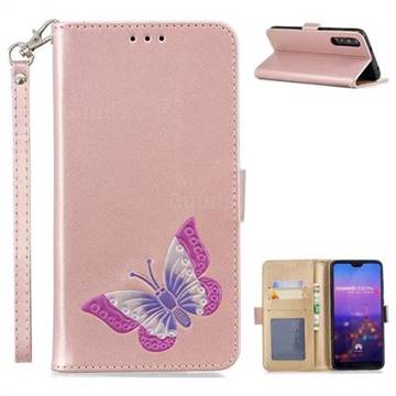 Imprint Embossing Butterfly Leather Wallet Case for Huawei P20 Pro - Rose Gold