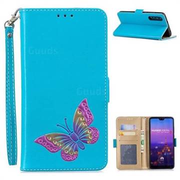 Imprint Embossing Butterfly Leather Wallet Case for Huawei P20 Pro - Sky Blue
