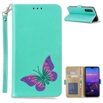 Imprint Embossing Butterfly Leather Wallet Case for Huawei P20 Pro - Mint Green