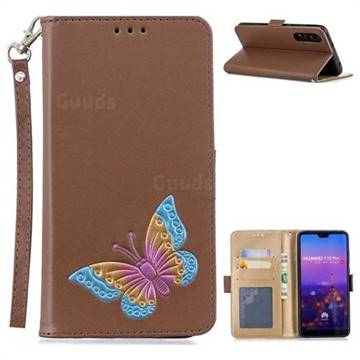Imprint Embossing Butterfly Leather Wallet Case for Huawei P20 Pro - Brown