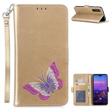 Imprint Embossing Butterfly Leather Wallet Case for Huawei P20 Pro - Golden