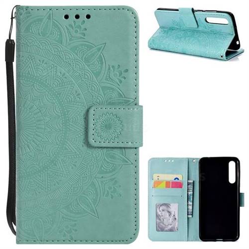 Intricate Embossing Datura Leather Wallet Case for Huawei P20 Pro - Mint Green