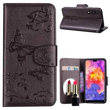 Embossing Butterfly Morning Glory Mirror Leather Wallet Case for Huawei P20 Pro - Silver Gray