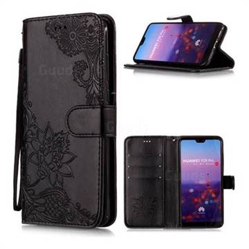 Intricate Embossing Lotus Mandala Flower Leather Wallet Case for Huawei P20 Pro - Black