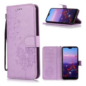 Intricate Embossing Dandelion Butterfly Leather Wallet Case for Huawei P20 Pro - Purple
