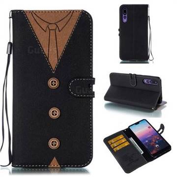 Mens Button Clothing Style Leather Wallet Phone Case for Huawei P20 Pro - Black