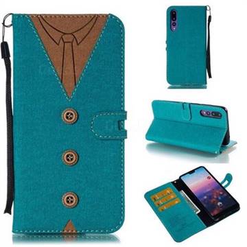 Mens Button Clothing Style Leather Wallet Phone Case for Huawei P20 Pro - Green