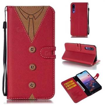 Mens Button Clothing Style Leather Wallet Phone Case for Huawei P20 Pro - Red