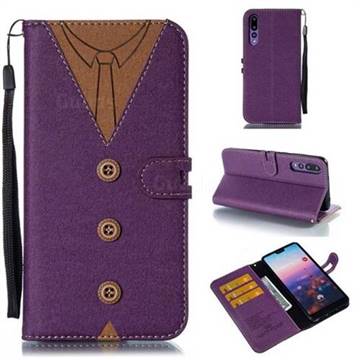 Mens Button Clothing Style Leather Wallet Phone Case for Huawei P20 Pro - Purple